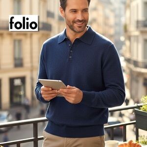 Folio New York Mens 100% Cashmere Navy Blue Sweater Polo Quiet Luxury Preppy | L